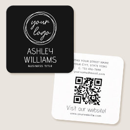 Tarjeta De Visita Cuadrada Modern Custom Company Logo QR Code Elegant Black