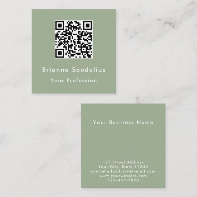 Tarjeta De Visita Cuadrada Modern Elegant Custom Sage Green QR Code (Anverso / Reverso)