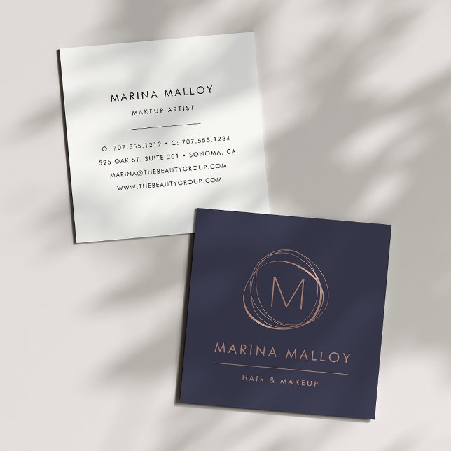 Tarjeta De Visita Cuadrada Modern Faux Rose Gold Abstract Monogram (Subido por el creador)