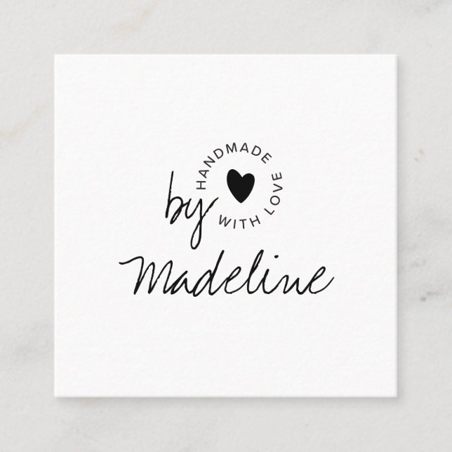 Tarjeta De Visita Cuadrada Modern Handmade with Love Script Heart (Anverso)