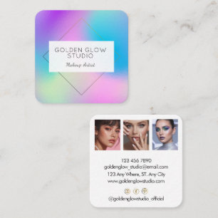Tarjeta De Visita Cuadrada Modern Holographic Makeup Artist Rainbow Colorful