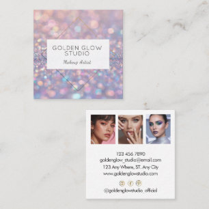 Tarjeta De Visita Cuadrada Modern Holographic Makeup Artist Rainbow Glitter