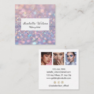 Tarjeta De Visita Cuadrada Modern Holographic Makeup Artist Rainbow Gold