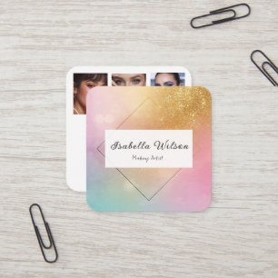 Tarjeta De Visita Cuadrada Modern Holographic Makeup Artist Rainbow Gold