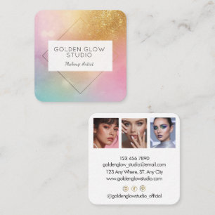 Tarjeta De Visita Cuadrada Modern Holographic Makeup Artist Rainbow Gold