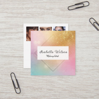 Tarjeta De Visita Cuadrada Modern Holographic Makeup Artist Rainbow Gold