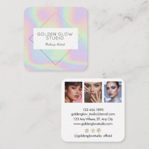 Tarjeta De Visita Cuadrada Modern Holographic Makeup Artist Rainbow Pastel