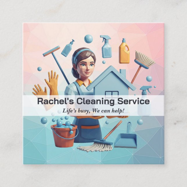 Tarjeta De Visita Cuadrada Modern House Cleaning Maid Service Housekeeping (Anverso)