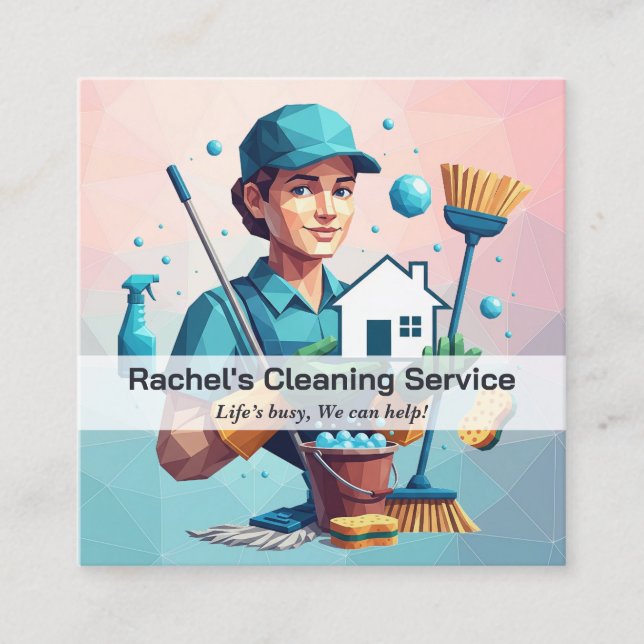 Tarjeta De Visita Cuadrada Modern House Cleaning Maid Service Housekeeping (Anverso)