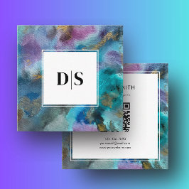 Tarjeta De Visita Cuadrada Modern Initial QRCode BlueTeal Watercolor Abstract