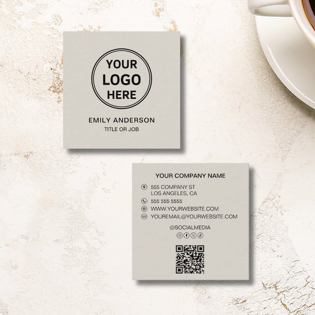 Tarjeta De Visita Cuadrada Modern Minimal Logo QR Social Media (Modern Minimal Logo QR Social Media Square Business Card)