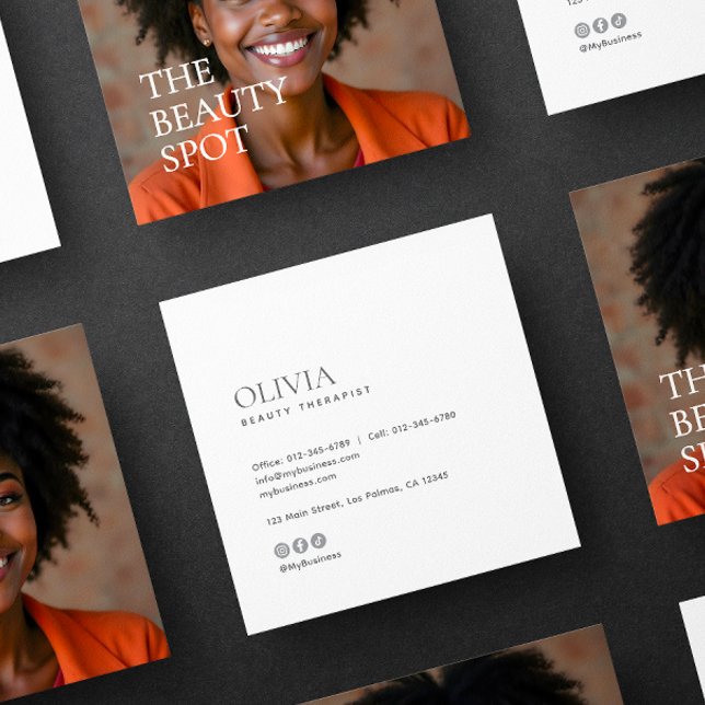 Tarjeta De Visita Cuadrada Modern Minimalist Photo & Socials Beauty (Subido por el creador)