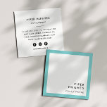 Tarjeta De Visita Cuadrada Modern Minimalist Square Business Cards | Aqua<br><div class="desc">Simple and professional square business cards feature your name and title or occupation in the lower right corner,  framed by a chic turquoise aqua border. Add your contact information to the reverse side. Includes three social media icons and a field for your username.</div>