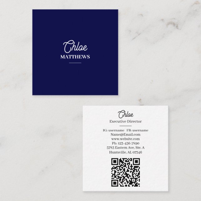Tarjeta De Visita Cuadrada Modern Navy Blue Business Card with QR Code (Anverso / Reverso)
