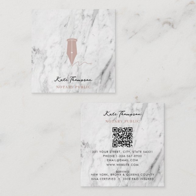 Tarjeta De Visita Cuadrada Modern Notary Signing Agent QR Code Marble Pink (Anverso / Reverso)