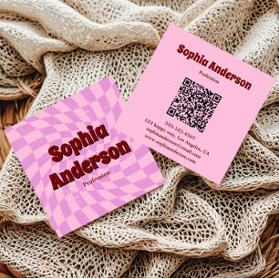 Tarjeta De Visita Cuadrada Modern Pink Retro Swirl Código QR de Moda