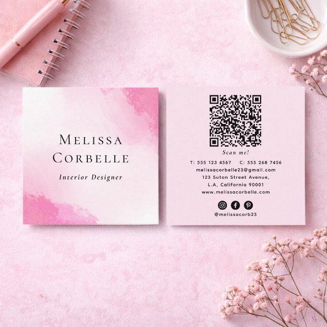 Tarjeta De Visita Cuadrada Modern Pink & White Abstract Watercolor QR Code (Subido por el creador)