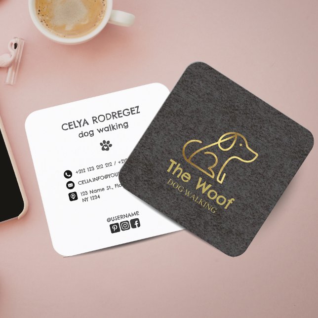 Tarjeta De Visita Cuadrada Modern & Professional Dog Walker Business Card (Professional Dog Walker Business Card with Modern Paw Print and Social Media Icons)