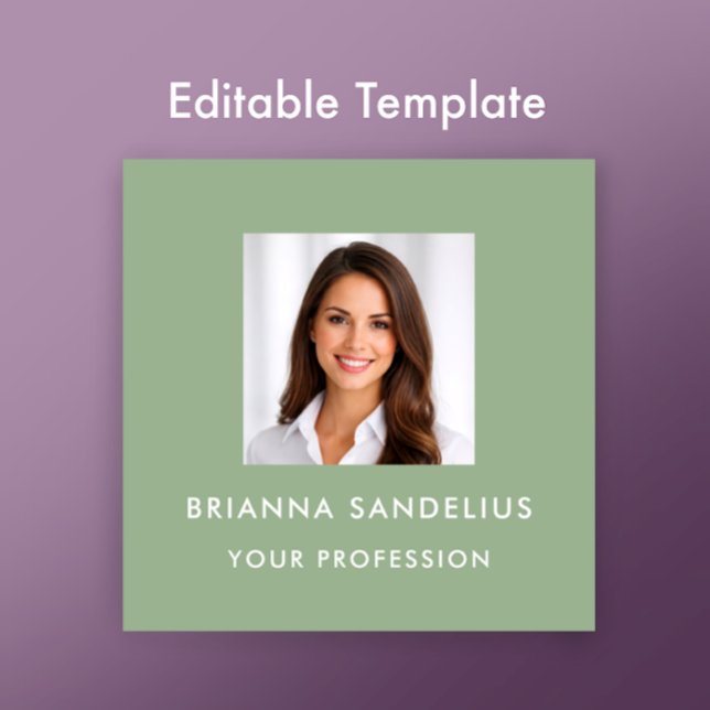 Tarjeta De Visita Cuadrada Modern Sage Green Photo Template Professional (Customize this photo business card template with your custom modern stylish script on sage green. 
)