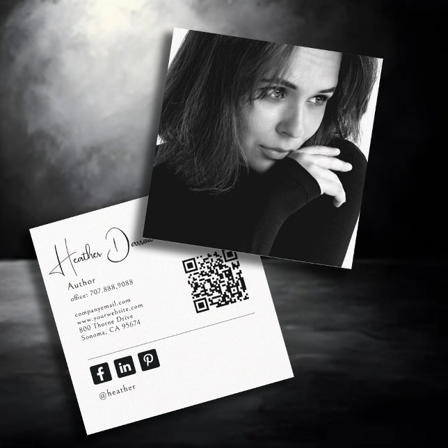 Tarjeta De Visita Cuadrada Modern Script Photo QR Code Author Writer (Subido por el creador)