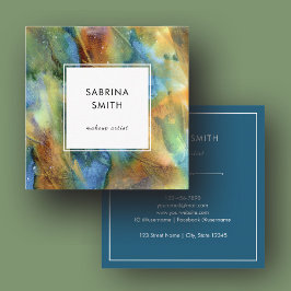 Tarjeta De Visita Cuadrada Modern Simple Teal Blue Brown Watercolor Abstract