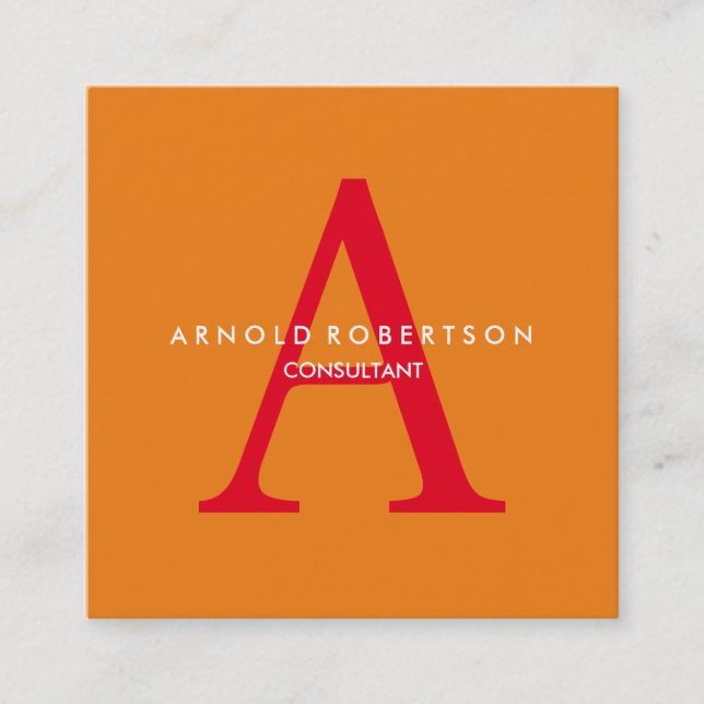 Tarjeta De Visita Cuadrada Modern Square Monograma Naranja de moda Rojo (Anverso)