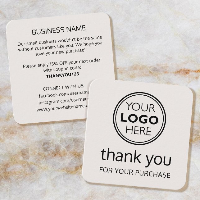 Tarjeta De Visita Cuadrada Modern Thank You Logo Small Business Off-White (Subido por el creador)