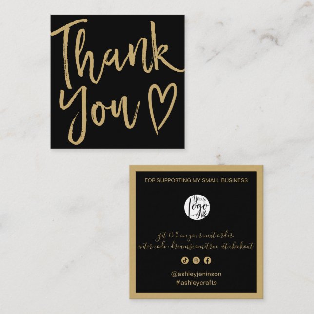 Tarjeta De Visita Cuadrada Modern thank you script order gold black (Anverso / Reverso)