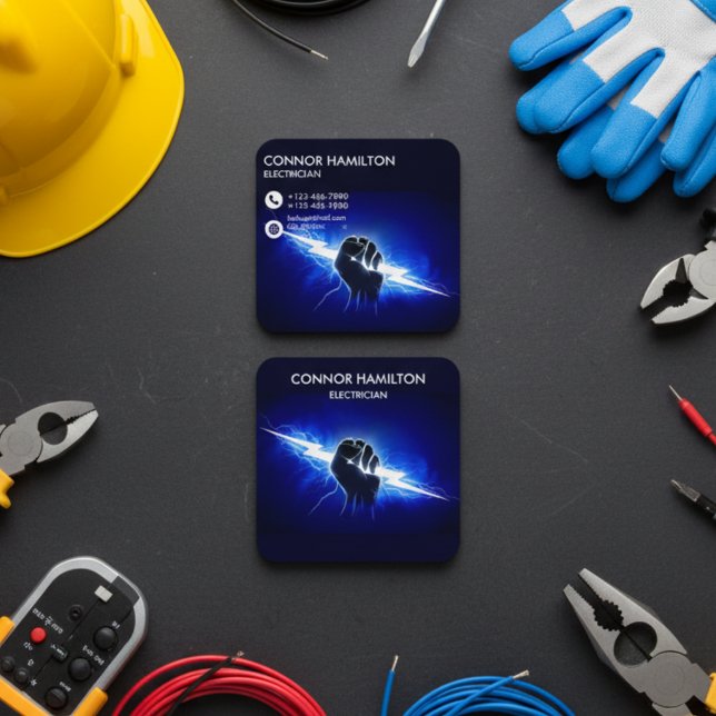Tarjeta De Visita Cuadrada Modern Trendy Cool Blue Lightning Electrician Busi (Subido por el creador)