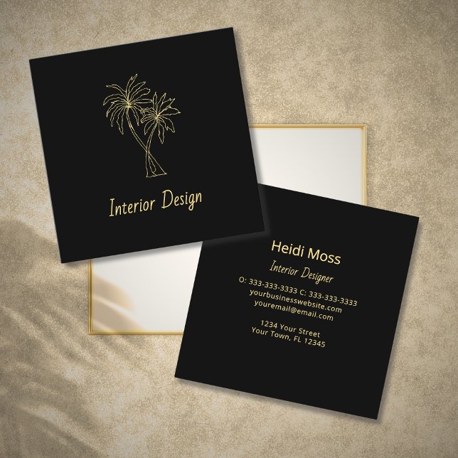 Tarjeta De Visita Cuadrada Modern Tropical Palm Trees Elegant Black Gold (Subido por el creador)