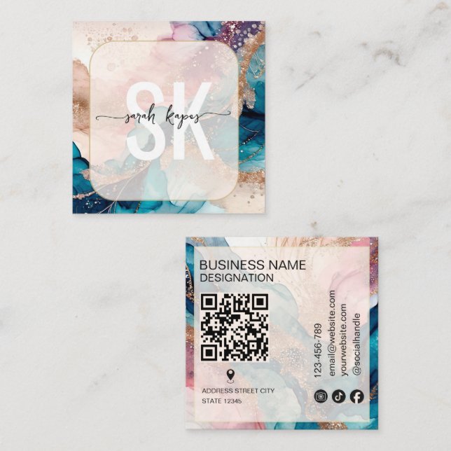 Tarjeta De Visita Cuadrada Modern Watercolor and Gold Foil  monogram Qr Code (Anverso / Reverso)