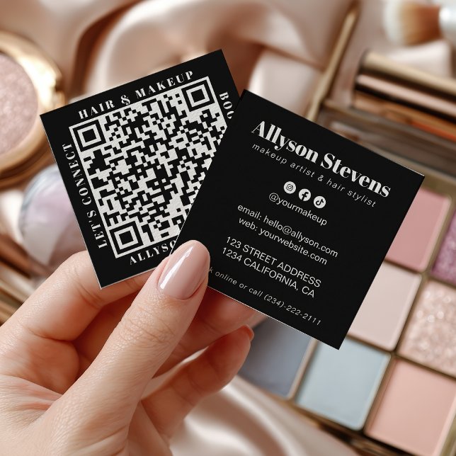 Tarjeta De Visita Cuadrada Modern White on Black Bold QR Code Hair & Makeup (Modern White on Black Bold QR Code Hair & Makeup Square Business Card)
