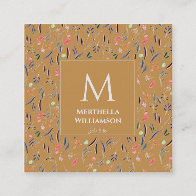 Tarjeta De Visita Cuadrada Moderna acuarela floral MONOGRAM Gold (Anverso)