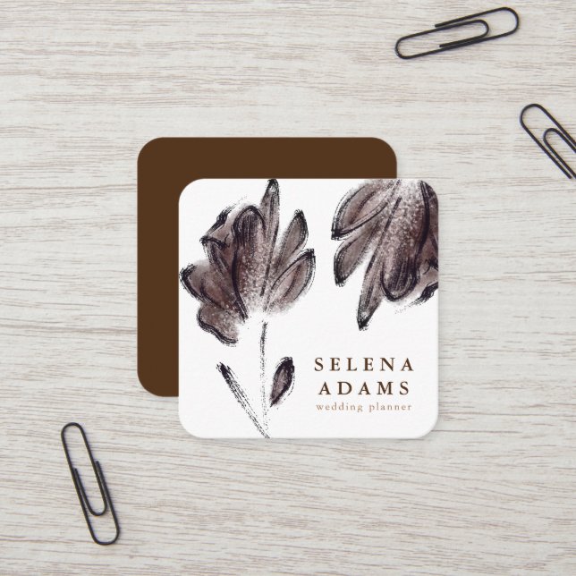 Tarjeta De Visita Cuadrada Moderna acuarela marrón floral estilo (Anverso/Reverso In Situ)