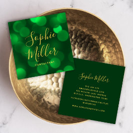 Tarjeta De Visita Cuadrada Moderna caligrafía Esmeralda Luz Verde Bokeh