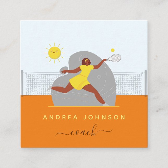 Tarjeta De Visita Cuadrada Moderna entrenadora de tenis Ilustracion de jugado (Anverso)