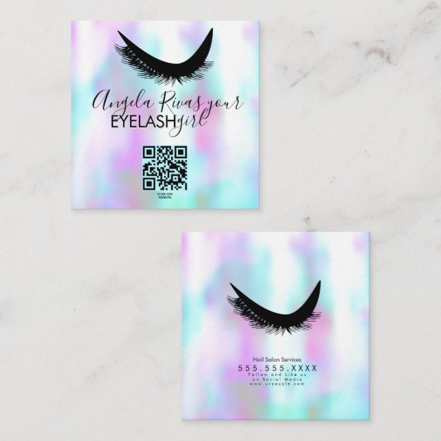 Tarjeta De Visita Cuadrada Moderna Eyelash Girly Salon Beauty Faux Holographi (Anverso / Reverso)