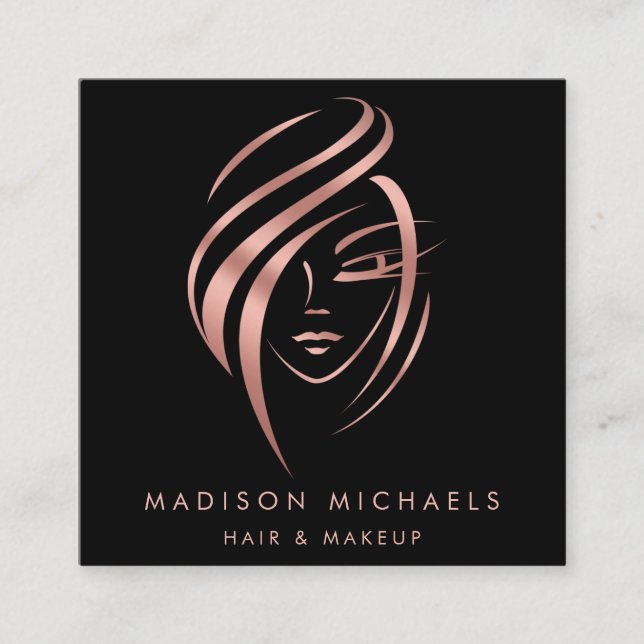 Tarjeta De Visita Cuadrada Moderna Faux Rosa Gold Resumen maquillaje de pelo (Anverso)
