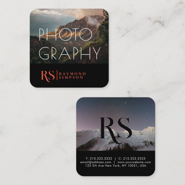 Tarjeta De Visita Cuadrada Moderna Fotografía en Monograma Profesional 2 Foto (Anverso / Reverso)