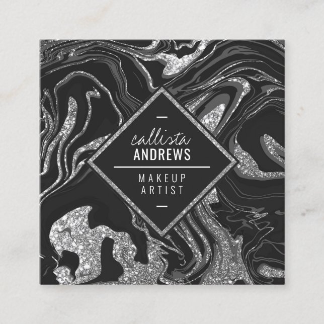 Tarjeta De Visita Cuadrada Moderna maquillaje de mármol de Purpurina gris neg (Anverso)