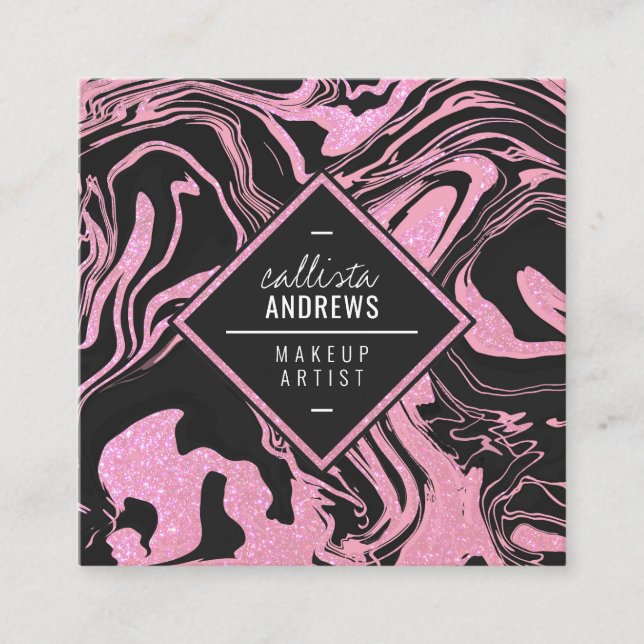 Tarjeta De Visita Cuadrada Moderna maquillaje de mármol Purpurina rosa negro  (Anverso)