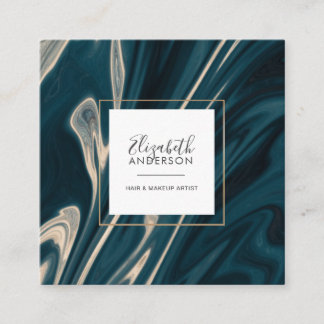 Tarjeta De Visita Cuadrada Moderna Marble Aqua Artista de maquillaje con esti