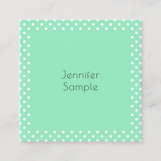 Tarjeta De Visita Cuadrada Moderna Mint Green White Doted Elegant Template (Anverso)