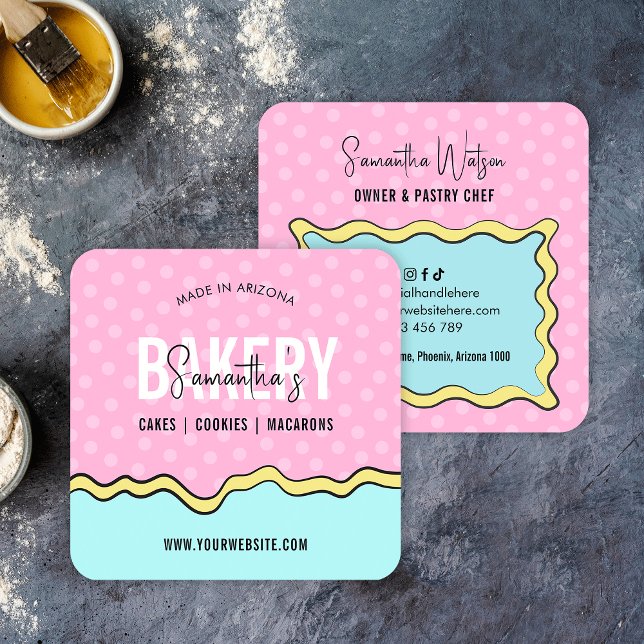 Tarjeta De Visita Cuadrada Moderna pastelería Personalizado de moda y diverti (Trendy and fun baker business cards in pastel colors and retro style)