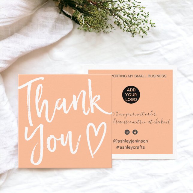 Tarjeta De Visita Cuadrada Moderna secuencia de comandos de agradecimiento or (Modern thank you script order minimal peach square business card)