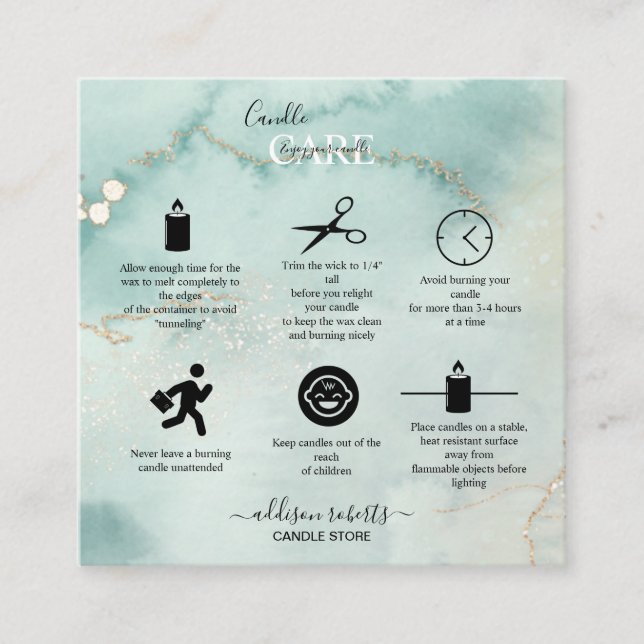 Tarjeta De Visita Cuadrada Moderna y elegante acuarela Green Candle Care Squa (Anverso)