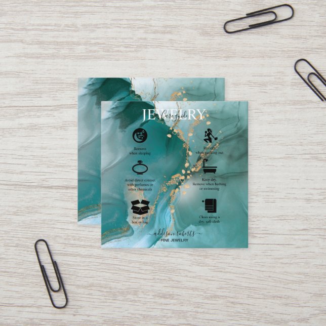 Tarjeta De Visita Cuadrada Moderna y elegante acuarela Verde azulada cuidado  (Anverso/Reverso In Situ)