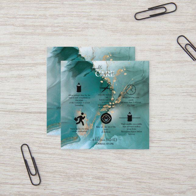 Tarjeta De Visita Cuadrada Moderna y elegante acuarela Verde azulada cuidado  (Anverso/Reverso In Situ)