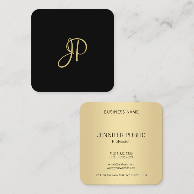Tarjeta De Visita Cuadrada Moderna y elegante plantilla de monograma de oro (Anverso / Reverso)