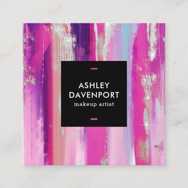 Tarjeta De Visita Cuadrada Modernas pinceles rosa y plateado purpurina maquil (Anverso)